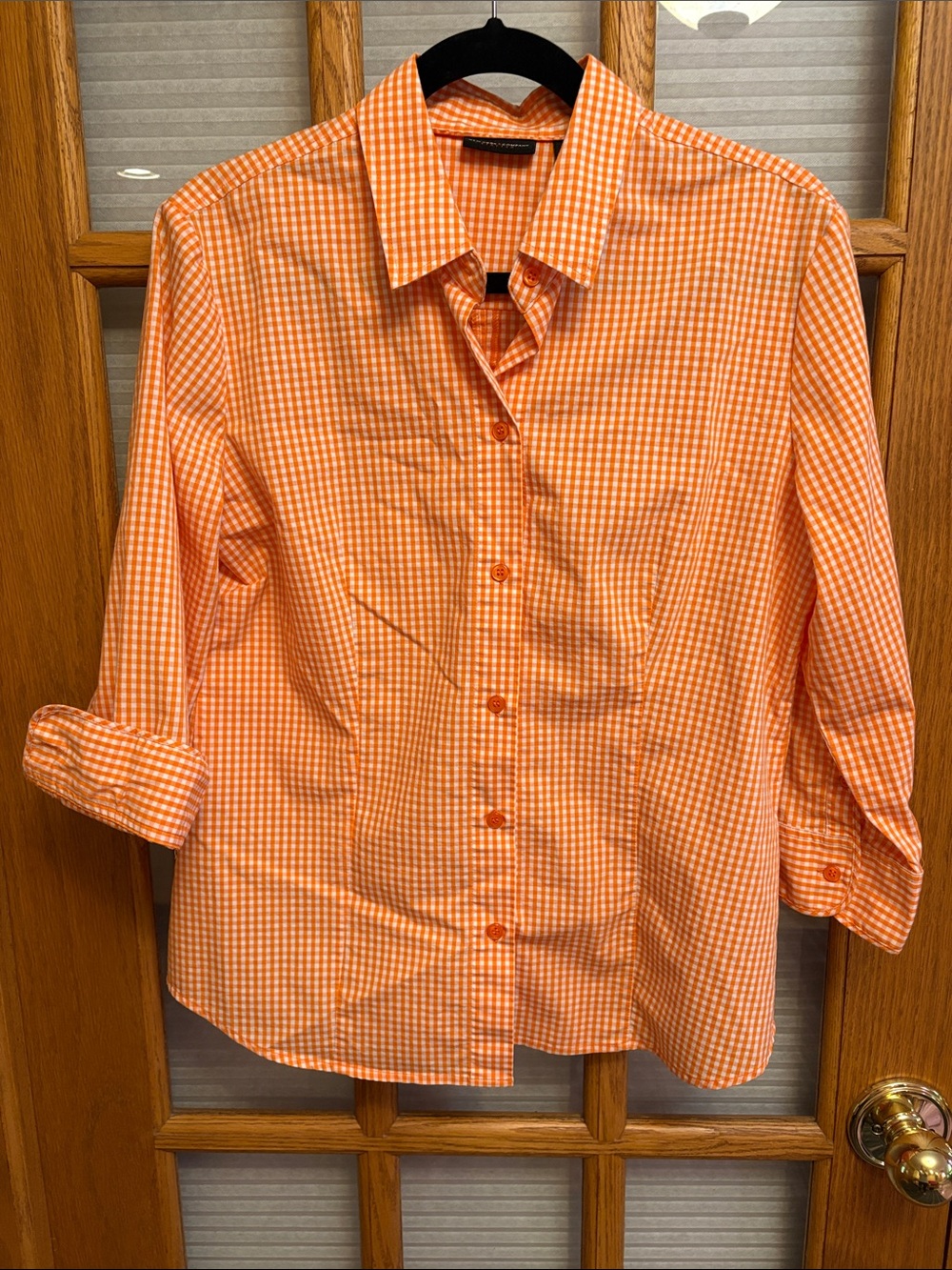 EUC New York & Company Orange Gingham Button-Down Shirt